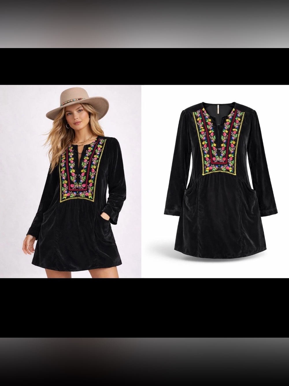 Free People Always Forever Velvet Embroidered Boho Mini Dress Black - Size S